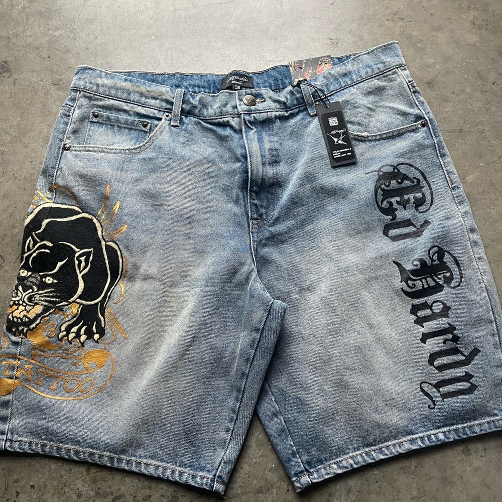 Ed Hardy Denim Shorts with Panther Design